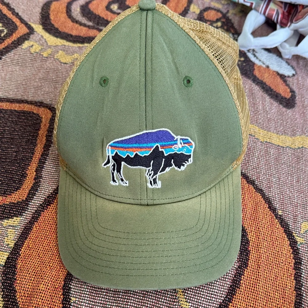 Patagonia Olive Green Trucker Hat with Multicolor Buffalo Patch - Picture 1 of 6